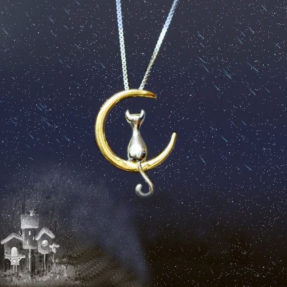 Gold & Silver Crescent Moon Cat Pendant Necklace - Picture 2 of 6